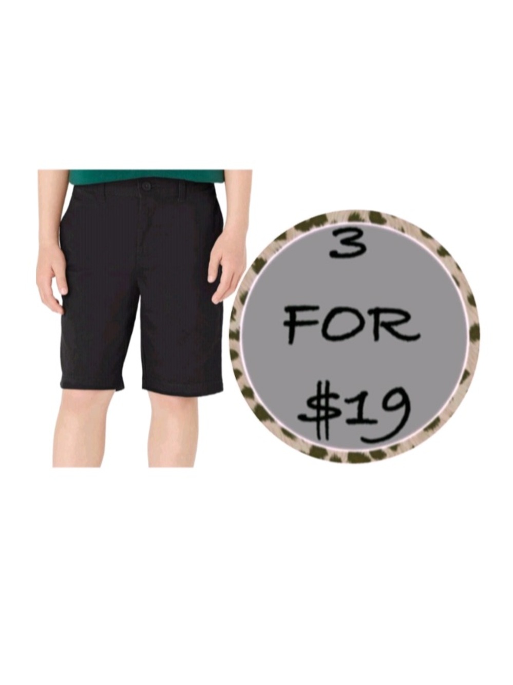 3/$19 Black flat front chino shorts